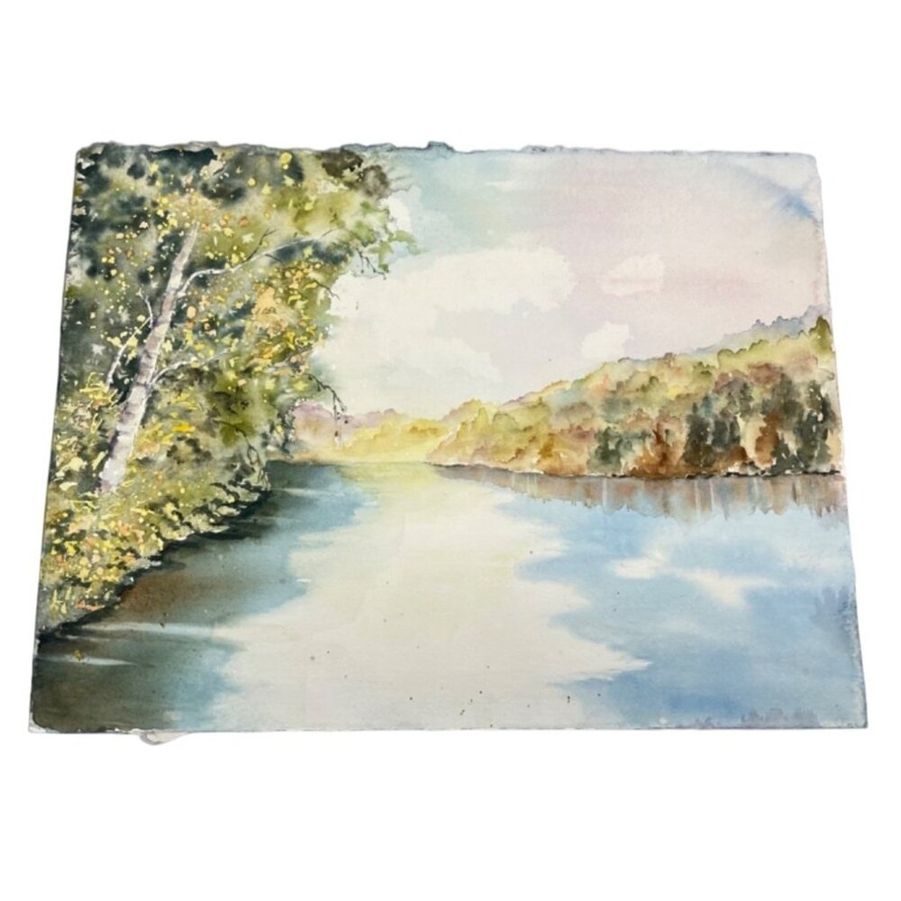 Hand-Painted Watercolor Landscape Art nature green blue On Textured Paper 15x11"